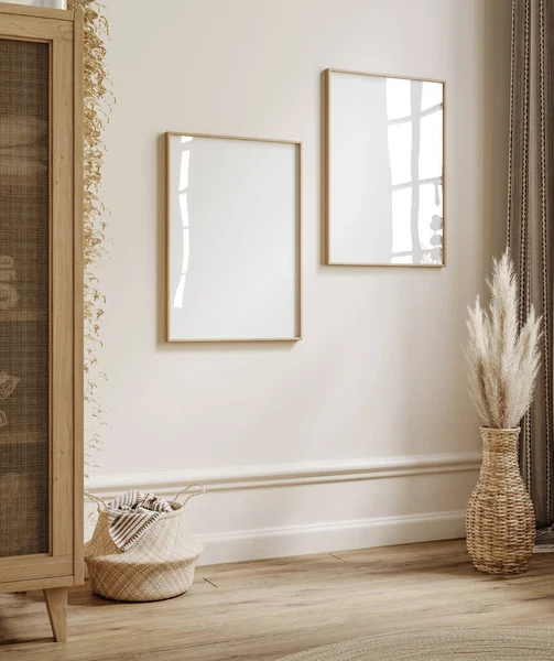Mock Frame Home Interior Background Beżowy Pokój Naturalnymi Drewnianymi Meblami — Zdjęcie stockowe