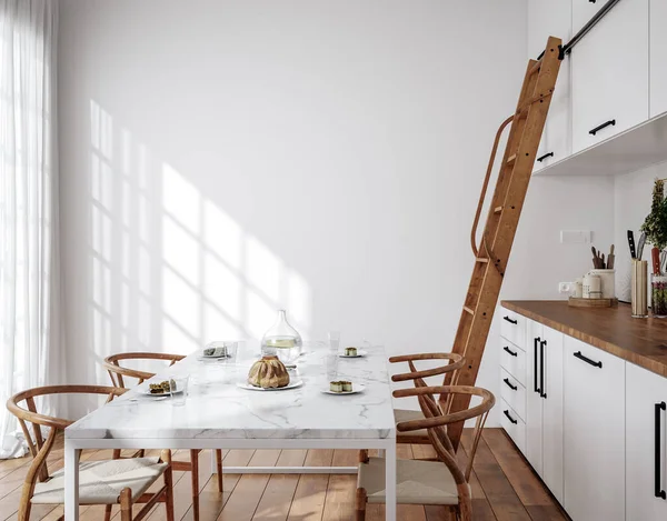 Skandinávská Kuchyně Interiér Zeď Mock Vykreslení — Stock fotografie