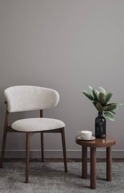 Duvar, ahşap mobilyalarla, Scandi-Boho tarzıyla, 3 boyutlu, basit iç dekorasyonla süslenir.