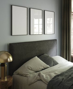 Yatak odasında yatak ve dekor ile ev içi arka planda çerçeve modelleme, 3d canlandırma