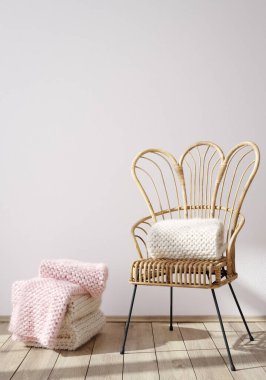 Örgü örülmüş Rattan sandalyesi iç fonda, duvar modellemesi, 3D görüntüleme