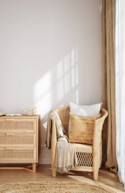 Bej rengi Wicker mobilyalar. Boho tarzı iç döşeme, 3D.