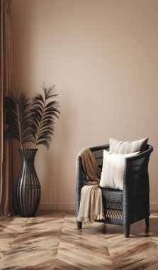 Etnik boho dekorasyonlu ev, kahverengi sıcak renkli oturma odası, 3D renkte.