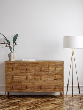 Ev yapımı, doğal ahşap mobilyalı beyaz oda, 3 boyutlu.