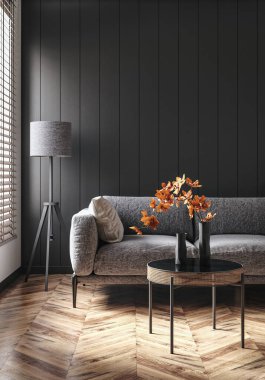 Modern karanlık ev içi arka plan, duvar modeli, 3D oluşturma