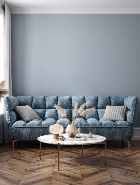 Modern açık mavi iç plan, duvar maketi, 3d render