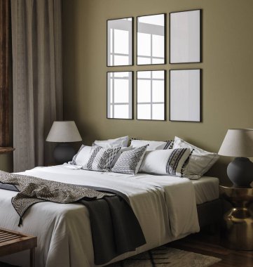 Mockup frame in modern bedroom interior background, 3d render