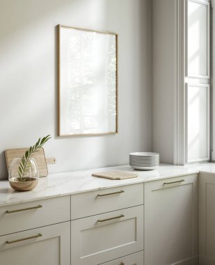 Poster çerçevesi mutfak iç, İskandinav tarzı, 3d render kadar alay