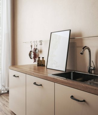 Mock up poster frame in kitchen interior background, 3d render