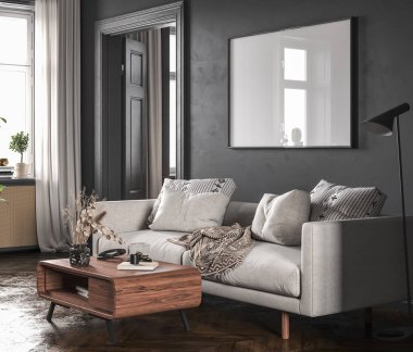 Modern karanlık oturma odasının iç mekânının çerçeve modeli, 3D görüntüleme