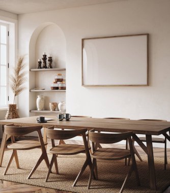 Göçebe boho mutfağının iç dekorasyonunda 3 boyutlu çerçeve modeli.
