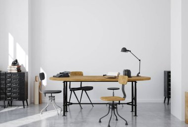 Daire içi ofis, endüstriyel tarzda, 3 boyutlu.