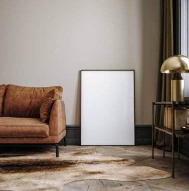 Modern kanepe ve dekorla ev içi arka planda poster çerçevesi modeli, 3D canlandırma