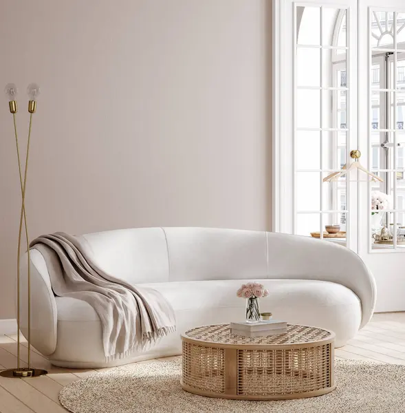 Vintage room in light pastel colors with modern sofa and rattan table, 3d render