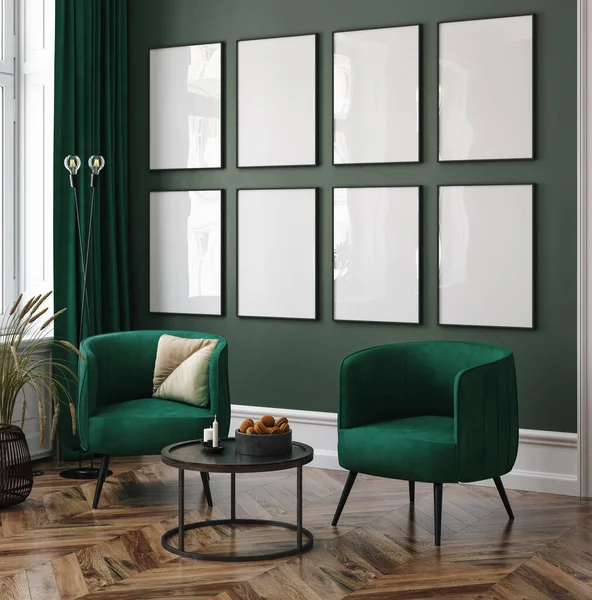 Frame mockup in dark green home interior, 3d render