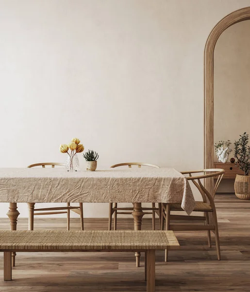 Scandinavian farmhouse dining room interior, wall mockup, 3d render