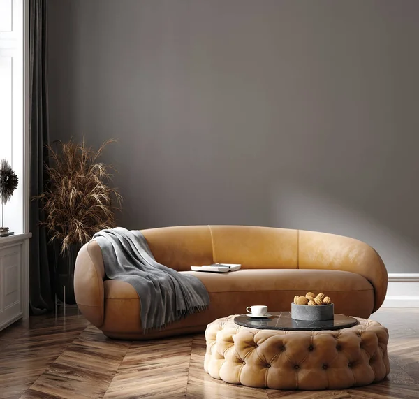 Contemporary interior with modern orange sofa, room in grey tones, 3d render
