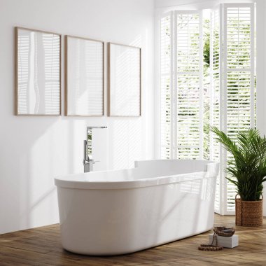 Beyaz rahat banyo iç planında poster çerçeve modeli, 3D oluşturma