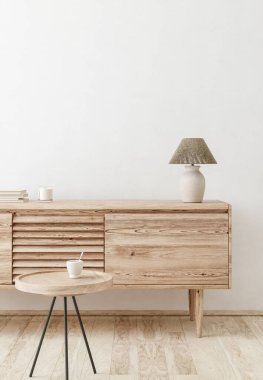 Ev maketi, oturma odası iç dekorasyonu, doğal ahşap mobilyalar, 3 boyutlu.