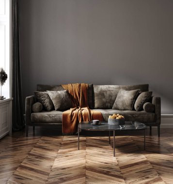 Modern karanlık ev içi arka plan, duvar modeli, 3D oluşturma