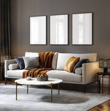 Frame mockup in modern dark home interior background, 3d render