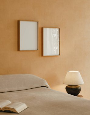 Konforlu bej japon yatak odasının iç kısmı 3D.