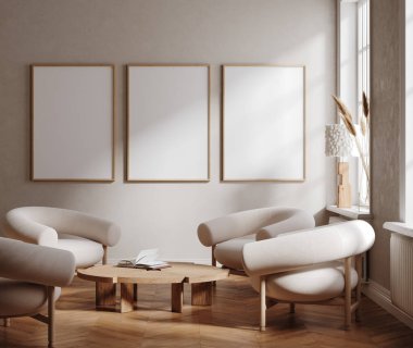 Çağdaş minimalist bej oda içinde çerçeve modeli, 3D canlandırma