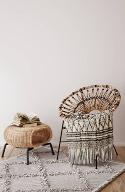 Home mockup, white room with natural wooden furniture, Scandi-Boho style, 3d render