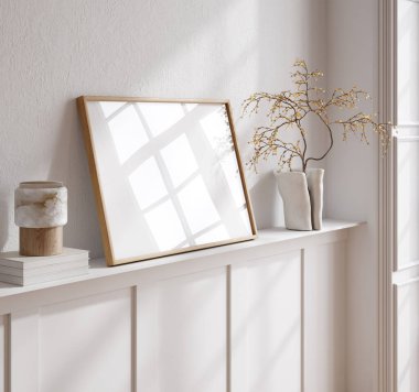 İçerideki rahat beyaz oturma odası, ev modeli, 3D çizim.