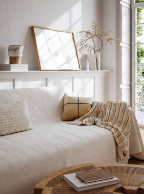 İçerideki rahat beyaz oturma odası, ev modeli, 3D çizim.