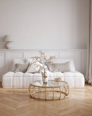 Ev modeli, çağdaş minimalist oturma odası iç mimarisi, 3D