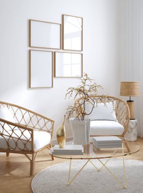 Ev modeli, minimalist dekore edilmiş iç plan, 3D görüntüleme