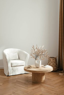 Ev modeli, çağdaş minimalist oturma odası iç mimarisi, 3D