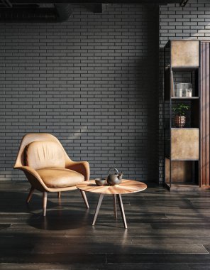 Oturma odası çatı katı, endüstriyel tarzda, 3 boyutlu.