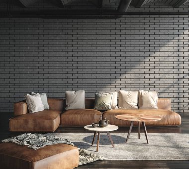 Oturma odası çatı katı, endüstriyel tarzda, 3 boyutlu.