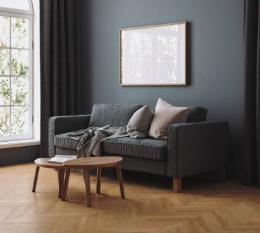 Konforlu karanlık oda arka planında çerçeve modeli, 3D oluşturma