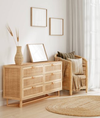 İç fonda model çerçeve, doğal ahşap mobilyalı oda, 3D görüntüleme.