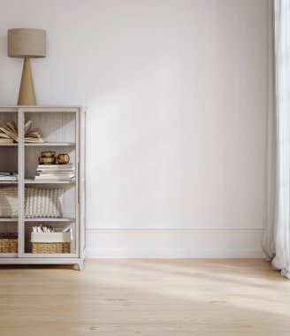 İç fonda duvar modeli, doğal ahşap mobilyalı oda, 3D çizim.