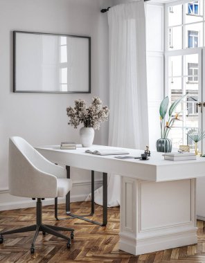 Model poster çerçevesi modern ev ofis iç plan, 3D oluşturma