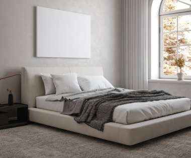 Ev yapımı, modern yatak odası iç mimarisi, 3D görüntüleme