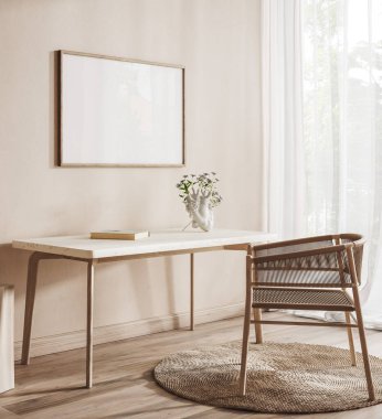 İskandinav çiftlik evinin iç mekanı, poster çerçeve modeli, 3D canlandırma