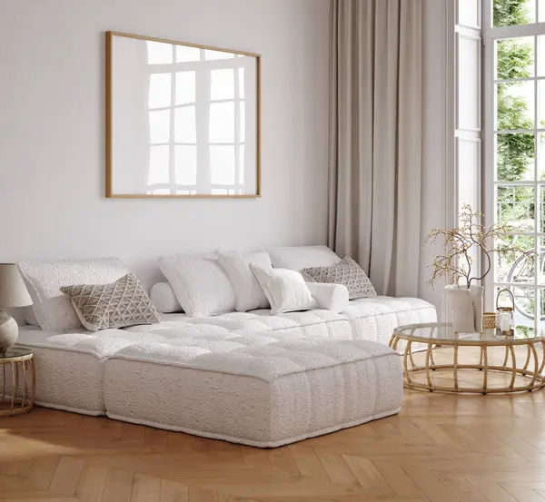 Ev modeli, çağdaş minimalist oturma odası iç mimarisi, 3D