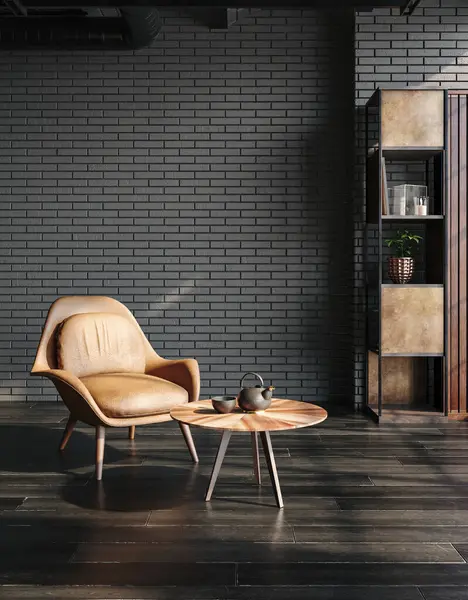 Oturma odası çatı katı, endüstriyel tarzda, 3 boyutlu.