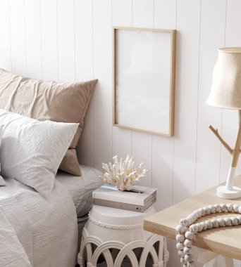 Konforlu ev içi arka plan, sahil tarzı yatak odası, 3D görüntüleme