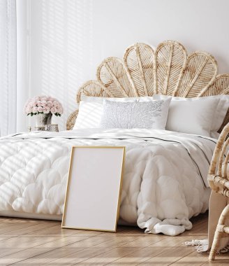 Beyaz lüks yatak odasının iç kısmında 3D model poster çerçevesi.