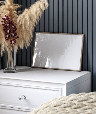 İçi koyu mavi yatak odalı çerçeve modeli, 3 boyutlu.