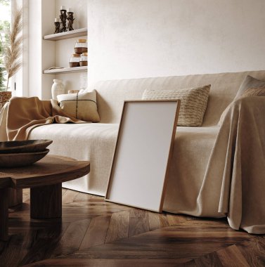 Göçebe boho iç arkaplanındaki model çerçeve, rustik dekor, 3d render