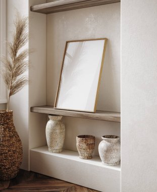 Göçebe boho iç arkaplanındaki model çerçeve, rustik dekor, 3d render