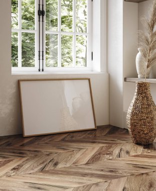Göçebe boho iç arkaplanındaki model çerçeve, rustik dekor, 3d render