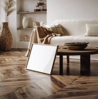 Göçebe boho iç arkaplanındaki model çerçeve, rustik dekor, 3d render